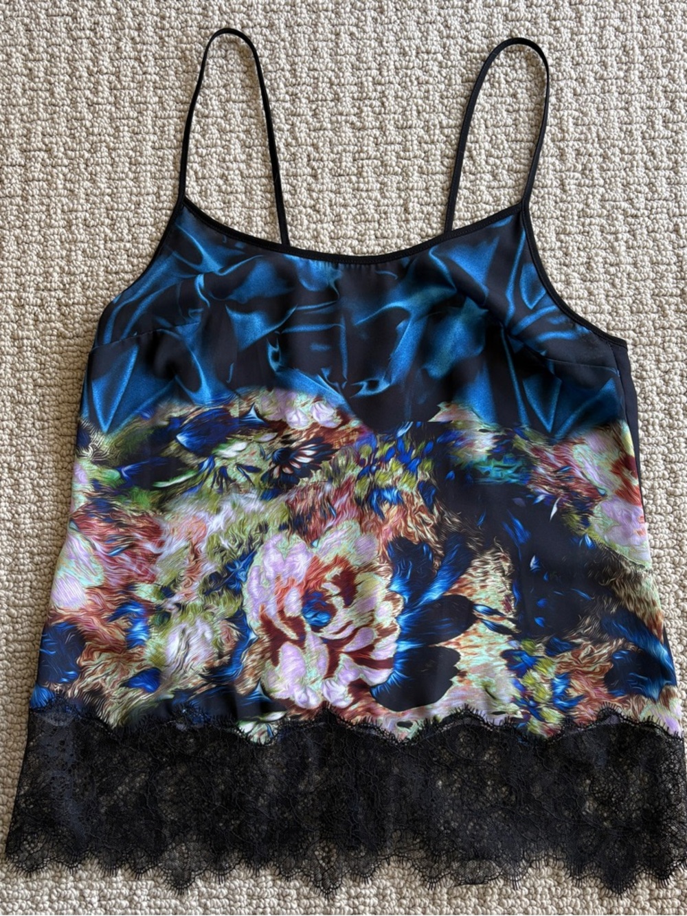 Clover Canyon Black Floral Satin Camisole with Lace Trim